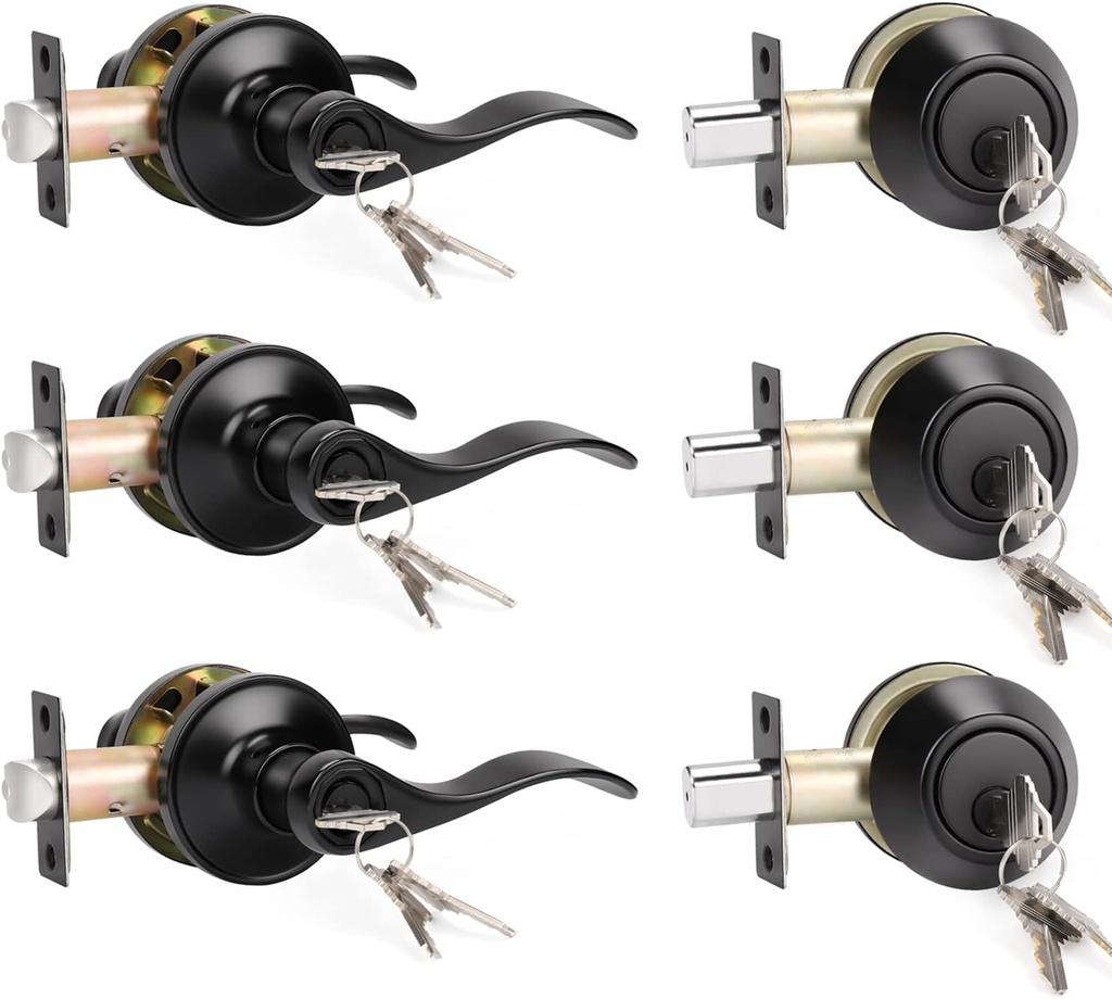 KNOBWELL 3 Pack Exterior Door Lock Set with Deadbolt Front Door Entry Lever Lockset with Single Cylinder Deadbolt, Aged Matte Black - Keyed Alike