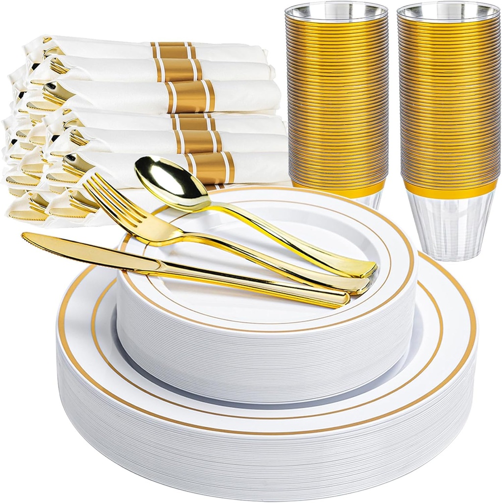 350 PCS White and Gold Plastic Dinnerware Set for 50 Guests, 100 Thanksgiving Disposable Plates for Party, 50 Pre Rolled Napkins with Gold Silverware, 50 Cups