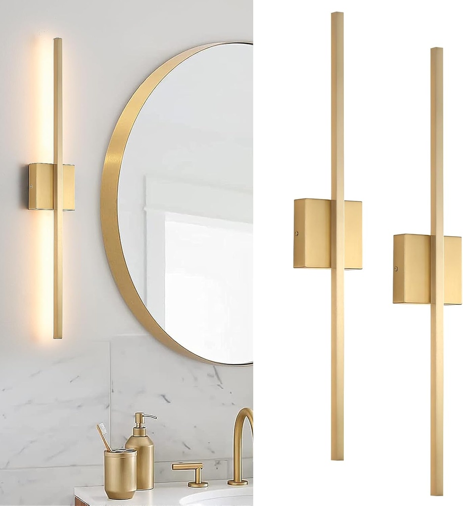 Wall Sconces Set of Two,LED Hardwired Dimmable Wall Sconce,Gold Wall Sconce for Bathroom, Living Room, Bedroom, Hardwired 3000K 28 Inch (2 Pack)