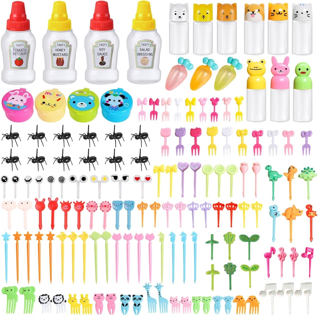 150 Pcs Condiment Squeeze Bottles Bento Lunch Box Accessories and Animal Fruit Food Toothpicks Mini Ketchup Bottles Soy Sauce Container Reusable Condiments Containers