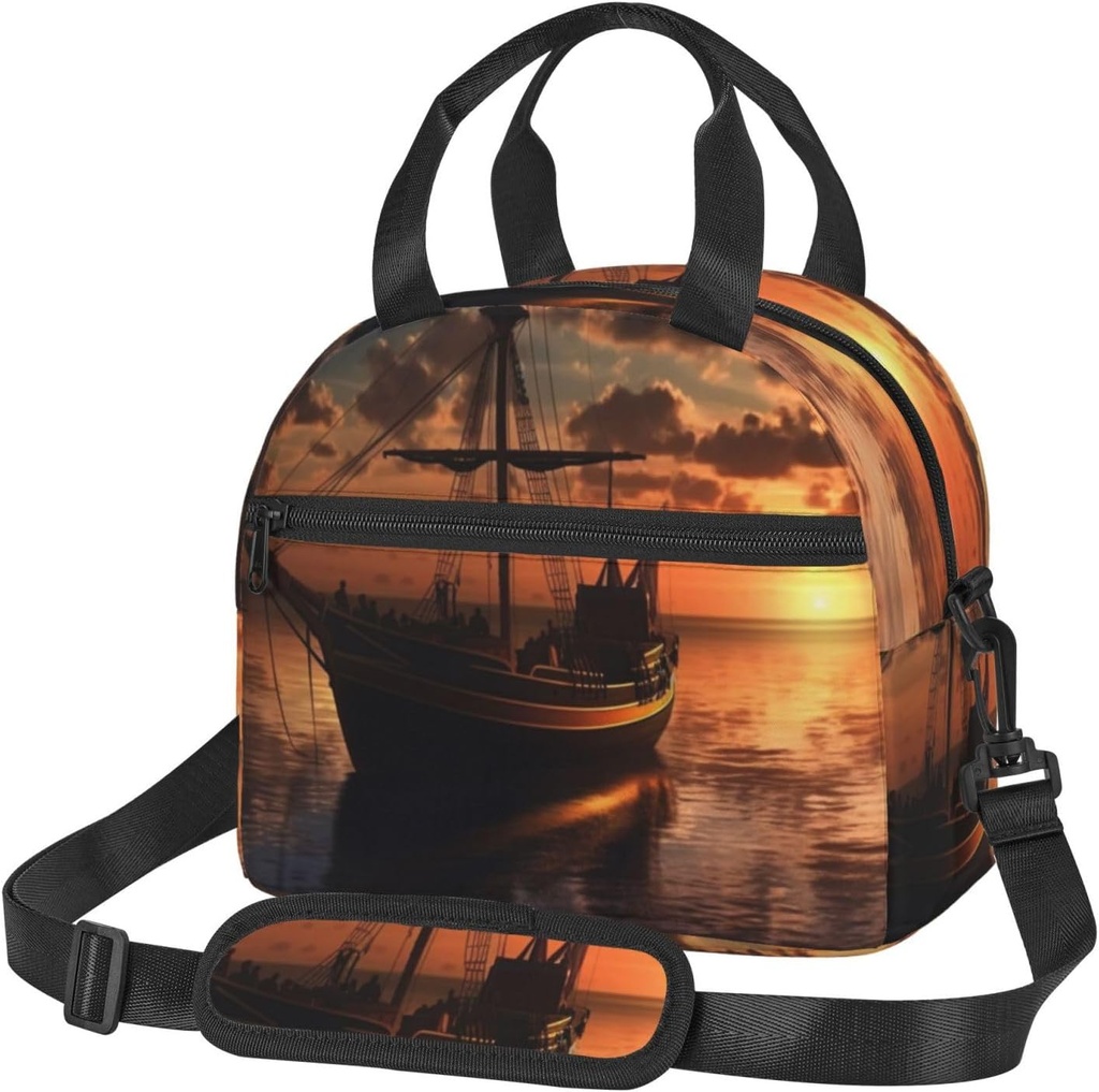 Boat at dusk print Lunch Bag Reusable Insulated Lunch Boxes Cooler Tote Bags For Work Office Picnic Travel