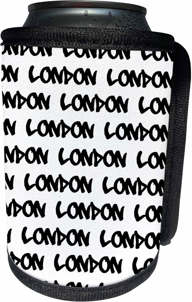 Can Cooler Bottle Wrap - London text design - black words on white - UK British souvenir - modern urban graffiti font pattern Typography