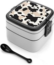 Bento Box Stackable Lunch Box with 2 Compartments Leak-Proof Food Storage Containers Cow Spot Bento Lunch Box for Adults Lunch Containers with Utensil Set, Black