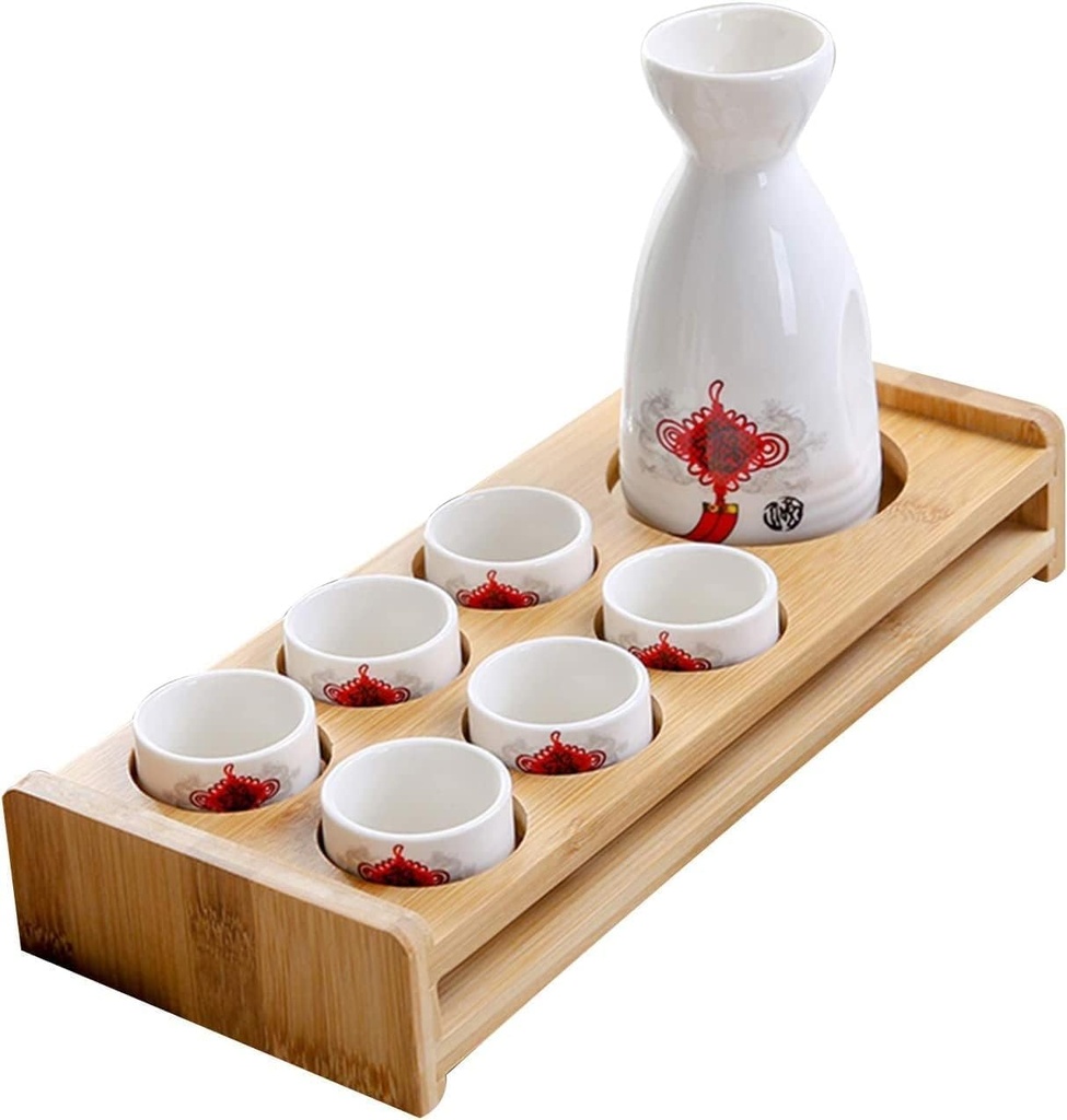 Japanese Sake Set, Traditional Ceramics Sake Serving Sets 8 Pcs Include 1 Pot and 6 Cups, with Storage Racks for Sake pots and Sake Cups,Plant