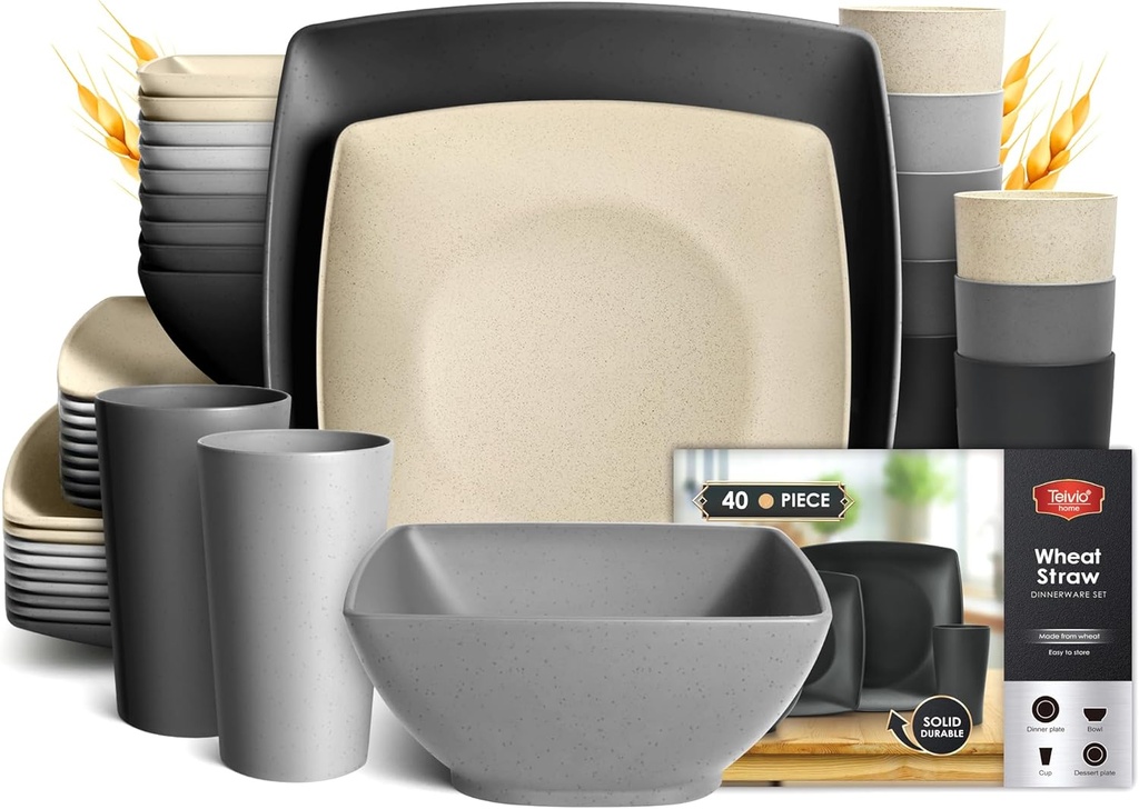 Teivio 40-piece Kitchen Wheat Straw Square Dinnerware Set,Service for 10, Unbreakable Dinner Plates, Salad Plates, Snack Bowls, Cups 13.5 oz, Dishwasher Safe, Plastic Outdoor RV Dishes,Gray Ombre