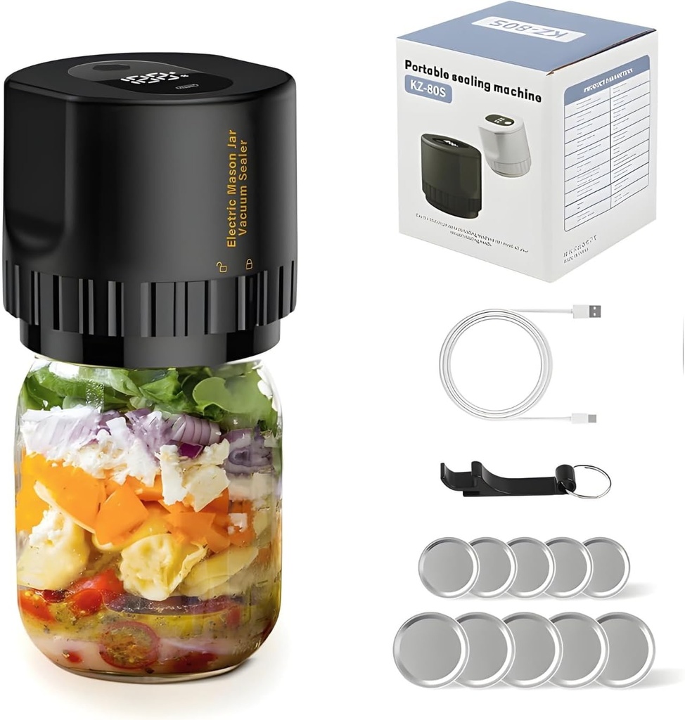 Electric Mason Jar Vacuum Sealer Kit, Portable, Automatic Start Stop, Wide Mouth and Regular Lid, Opener and Lids Included, for Canning Sealing Preserving Jars, Pickling, Jams Food Storage (Black)