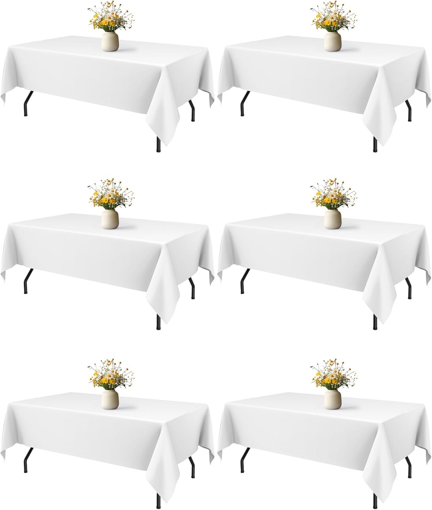 White Fabric Rectangle Table Cloth - 6 Pack, 60" × 84" Washable Tablecloth for 5FT Tables, Wrinkle-Resistant & Heat-Proof Table Cover for Weddings, Dinners & Parties