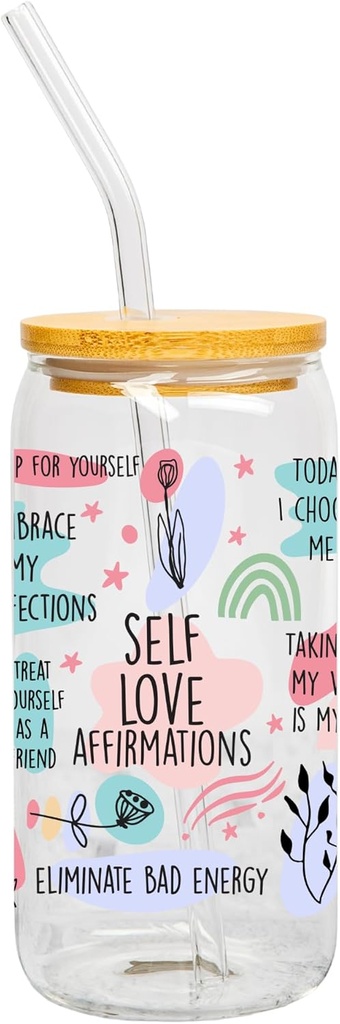 20oz Affirmation Glass Cup with Bamboo Lid & Glass Straw – Inspirational Tumbler for Hot or Cold Drinks – Dad, Nurse, Pregnacy, Mom Iced Coffe Cup (Self Love)