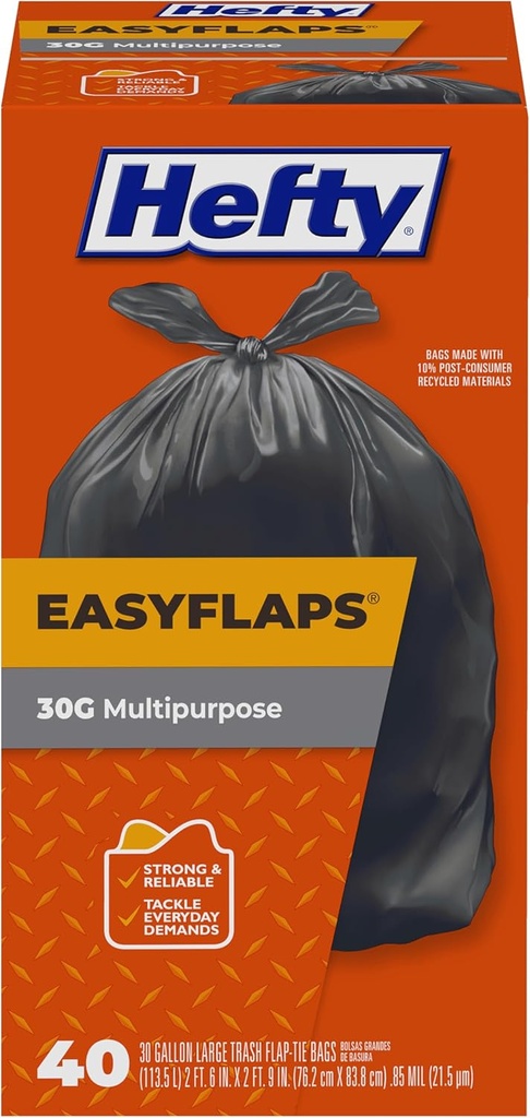 Hefty Easy Flaps Multipurpose Large Trash Bags, 30 Gallon, 40 Count