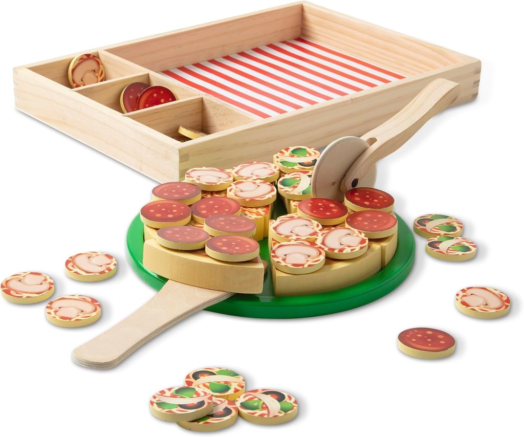 Melissa & Doug Wooden Pizza Party Play Set, 36 Self-Stick Toppings, Pizza Toy Kitchen Set & Play Kitchen Accessories, Preschool Toys for Boys & Girls 3+