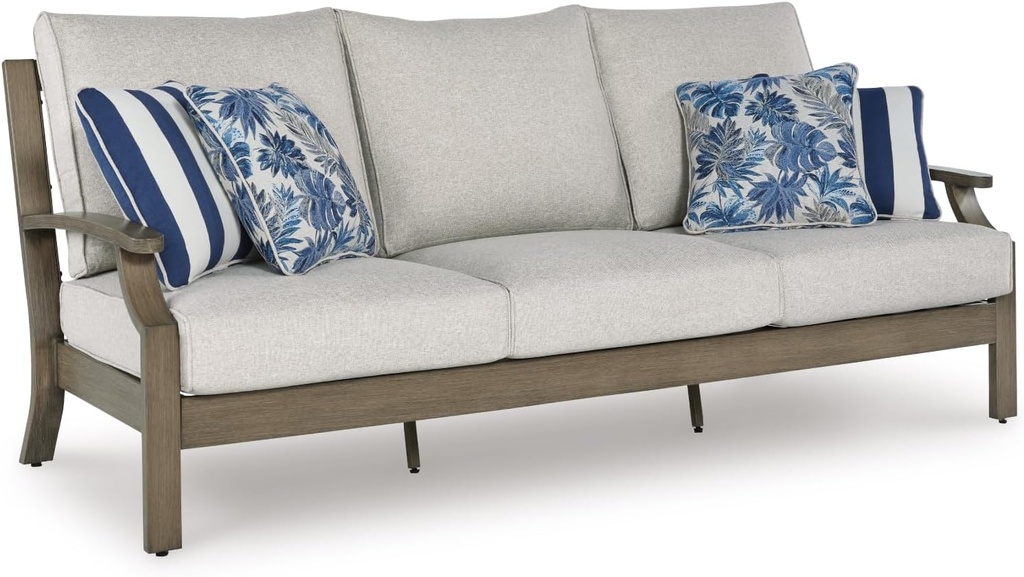 Signature Design by Ashley Rainier Ranch Casual Weather Resistant Outdoor Sofa with Cushion and 4 Accent Pillows, Light Brown & Light Gray