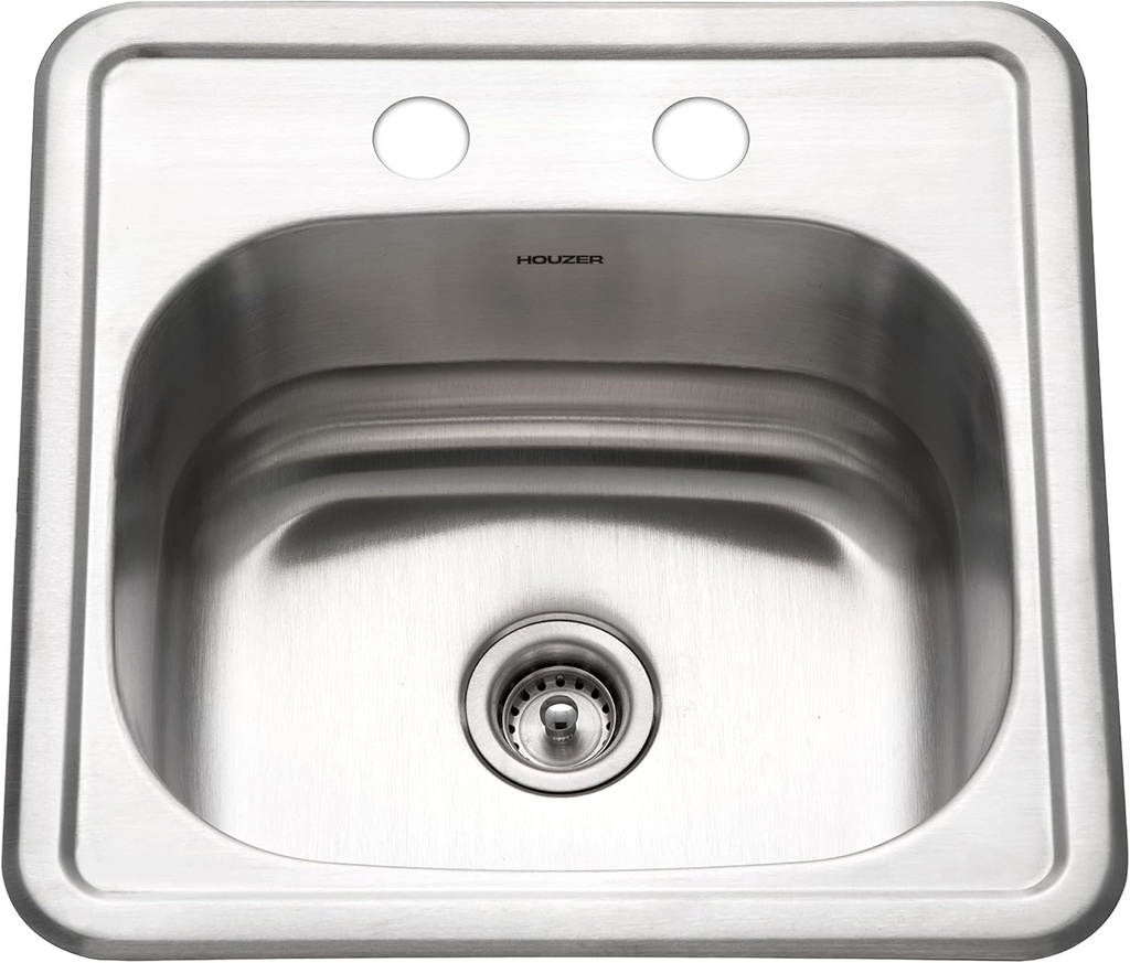 Houzer Hospitality Stainless Steel Bar & Prep Sink: 15 Inch Drop-In Topmount 2-Hole Sink for Bar & Kitchen, Durable & Versatile, Essential for Home & Apartment: 1515-6BS-1