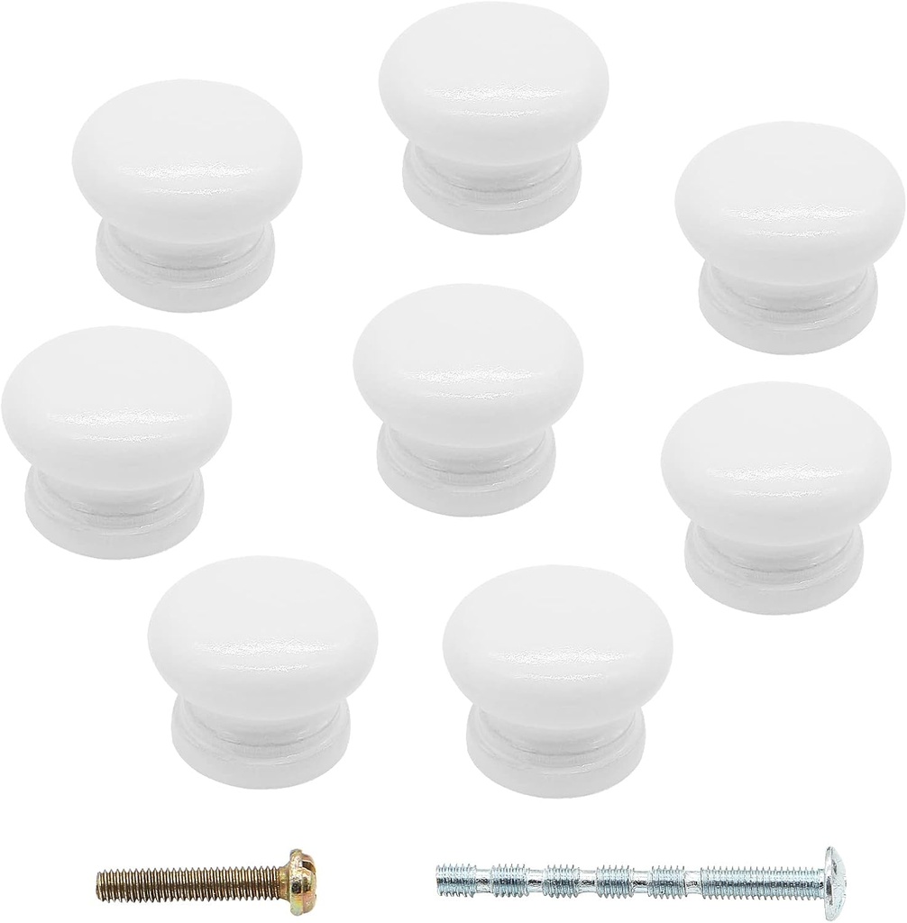 8PCS Wood White Drawer Knobs, 1-3/8 Inch Mushroom Shape Wooden Cabinet Furniture Knobs Pulls Handles for Home Office Wardrobe Dresser Storage Cupboard