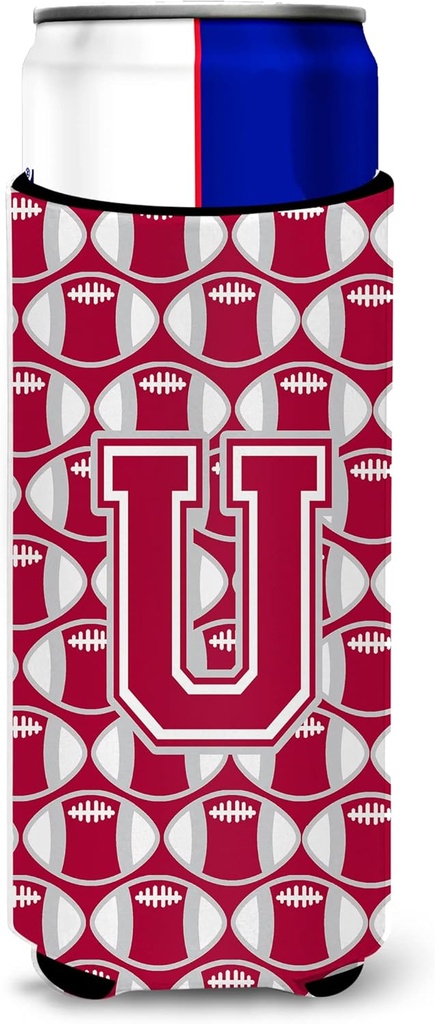 Letter U Football Crimson, grey and white Ultra Beverage Insulators for slim cans