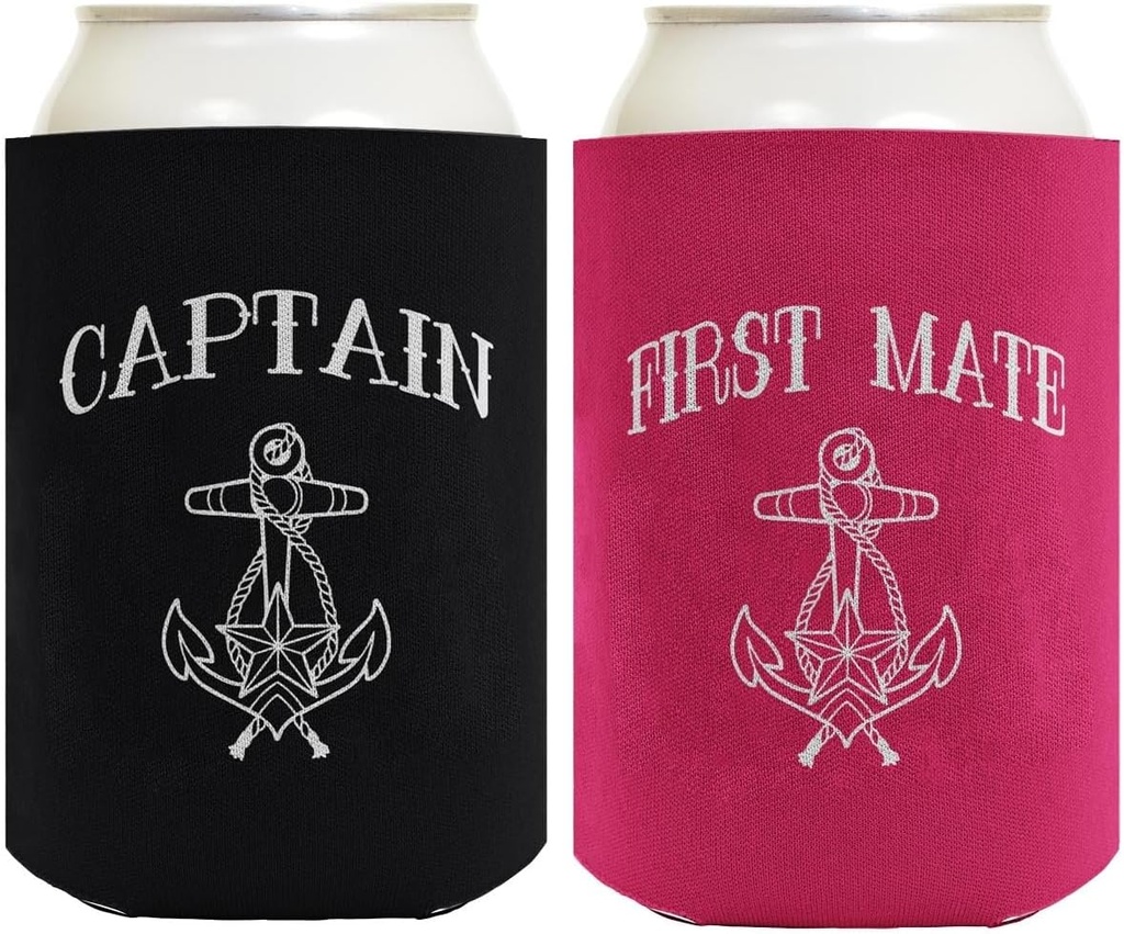 Captain First Mate Gifts For Couples Captain And First Mate Nautical Sailing 2 Pack Standard Size Can Coolers Black Magenta