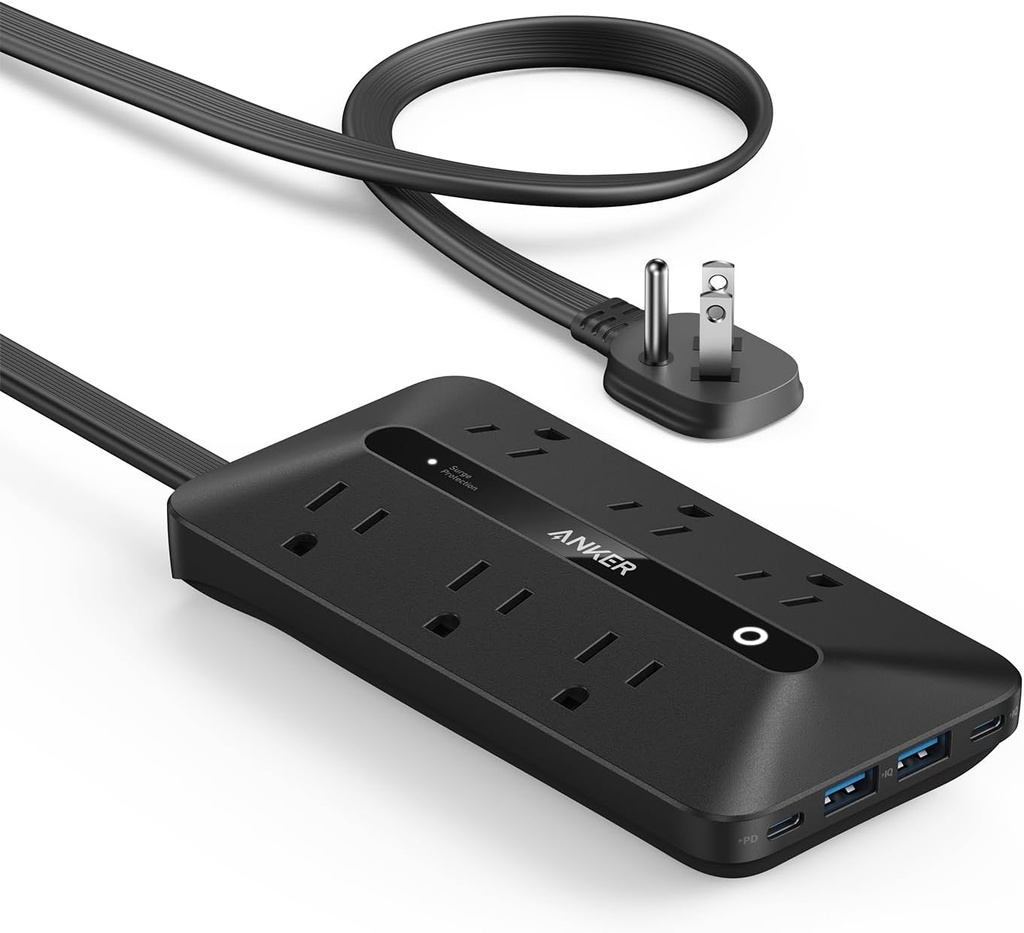 Anker 300J Flat Plug 10-in-1 Ultra Thin Power Strip with 6 AC, 2 USB-A & 2 USB-C Ports, Extension Cord, Desk Charging Station for Home, Office, College, Dorm, 5 Feet, Black