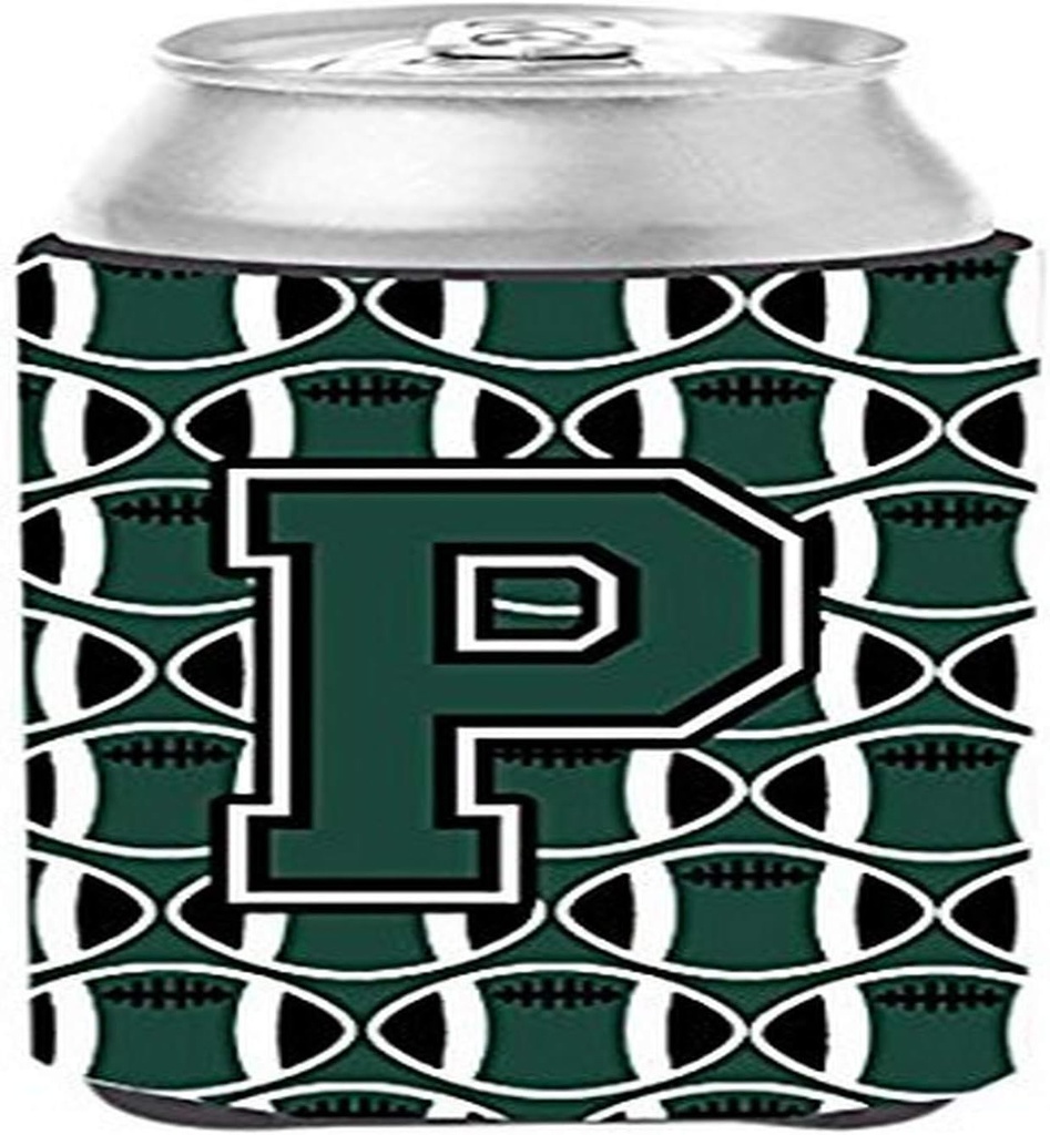 Caroline's Treasures CJ1071-PCC Letter P Football Green and White Can or Bottle Hugger Cooler Washable Drink Sleeve Collapsible Beverage Insulated Holder, Can Hugger, Multicolor