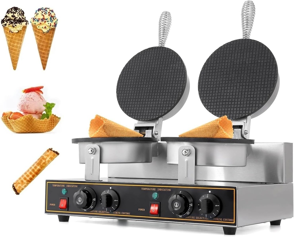Double Head Commercial Ice Cream Cone Maker, 1200W Waffle Cone & Egg Roll Machine with Smart Temperature Control, Nonstick Stainless Steel for Home & Restaurant Use