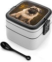 Stackable Double-Layer Bento Box Pug Dog Adults Lunchbox with Spoon Cute Japanese Bento Box Dishwasher Safe for Work Travel Dining Outc