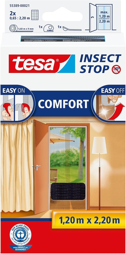 tesa Insect Stop COMFORT for Doors - Insect Mesh Door Screen with Hook & Loop - in Anthracite (2 x 65 cm) 120 cm x 220 cm