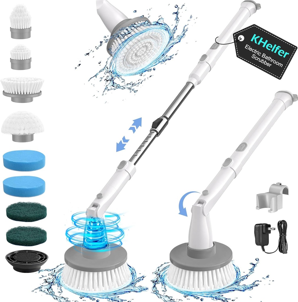 kHelfer Electric Spin Scrubber Kh8, Upgrade Cordless Shower Scrubber 8 Replacement Head, 1.5H Bathroom Scrubber Dual Speed, Shower Cleaning Brush with Extension Arm for Bathtub Tile Floor