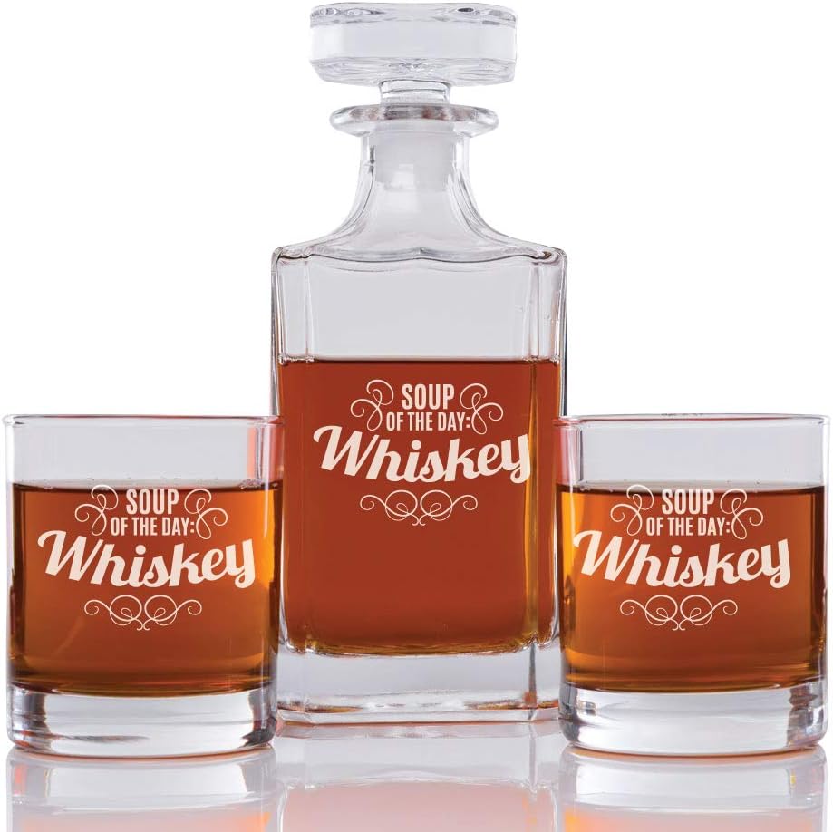 Abby Smith Soup Of The Day Whiskey Engraved Decanter and Rock Glasses, Set of 3
