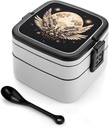 Moon And Flowers Bento Box Leak-Proof Double Layered Lunch Containers with Spoons And Invisible Handle, Portable Lunch Boxes for Work Picnic Travel