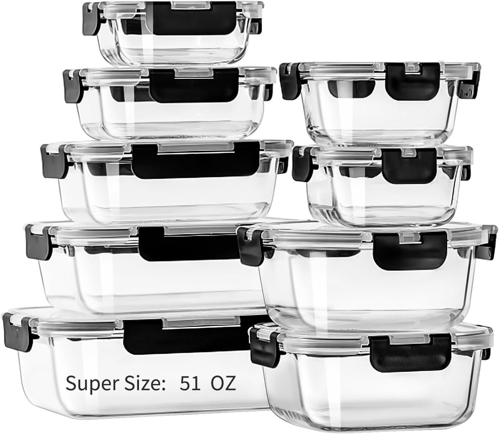 ennogyoson18-Piece Glass Food Storage Containers with Lids Airtight, Meal Prep Container for Lunch, Glass Bento Boxes with Leak Proof Locking Lids, for Microwave, Oven, Freezer and Dishwasher Safe