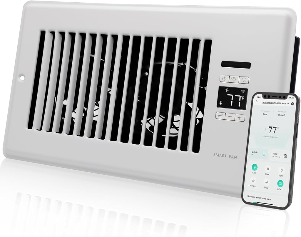 Super Quiet Register Booster Fan for 6" x 10" Register Holes, Smart Register Vent with Dual Intelligent Thermostat and WIFI App Control, Heating Cooling AC Vent Fan (White)