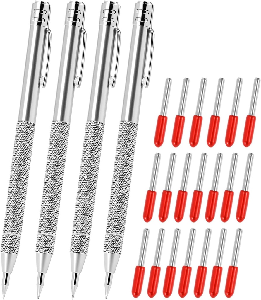 QWORK 4 Pack Tungsten Carbide Tip Scriber with Magnet, Etching Engraving Pen with 20 Replacement Marking Tip for Glass Metal Sheet