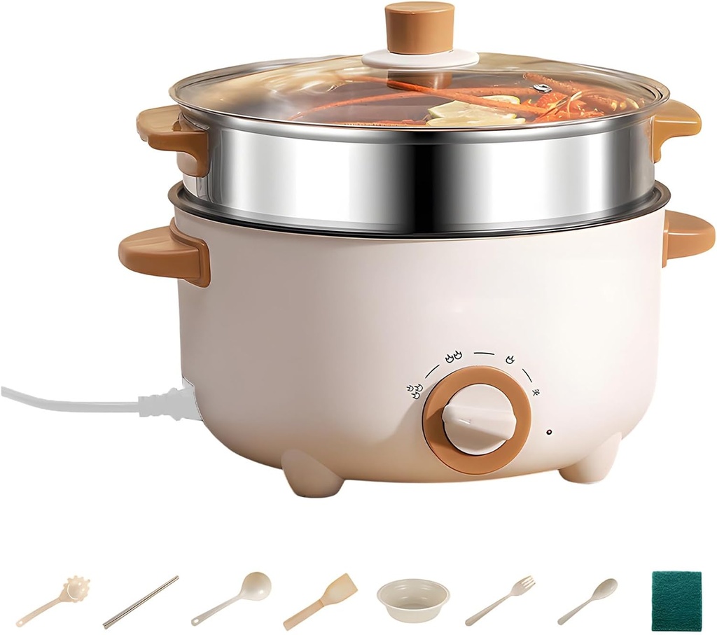800W, for Dorm, 2.6 Qt, 2.5 L, Electric Cooking Pot, 8.7 in, 22 Cm, Steamer, Non-Stick Ceramic, Multi Hot Pot, Includes Cookware, Adjustable Temp, White Set