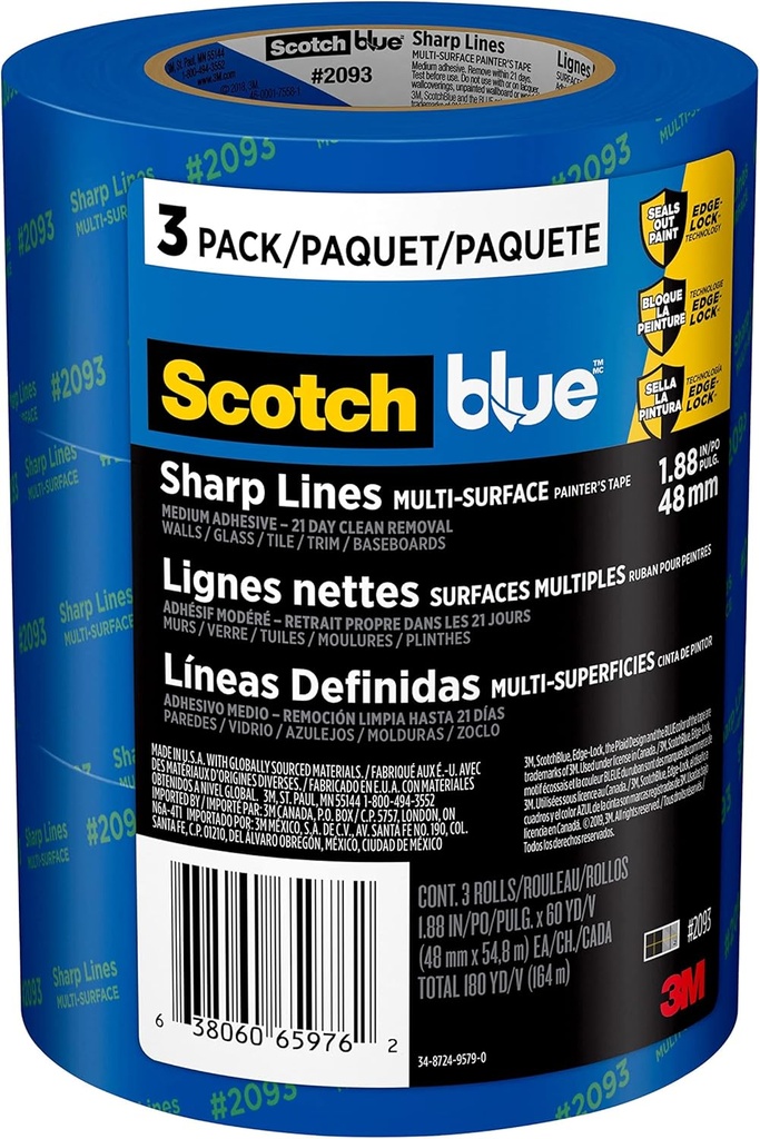ScotchBlue Sharp Lines Multi-Surface Painter's Tape, 1.88 Inches x 60 Yards, 3 Rolls, Blue, Paint Tape Protects Surfaces and Removes Easily, Edge-Lock Painting Tape for Indoor and Outdoor Use