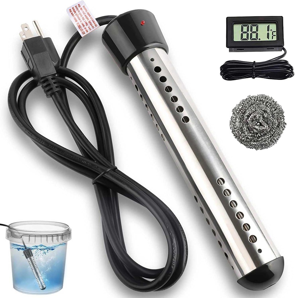 Immersion Water Heater, 2000W Portable Electric Instant Bucket Heater with Digital LCD Thermometer, Stainless Steel Guard Anti-scalding Submersible Water Heater for Bathtub Hot Tub Pool, UL Listed
