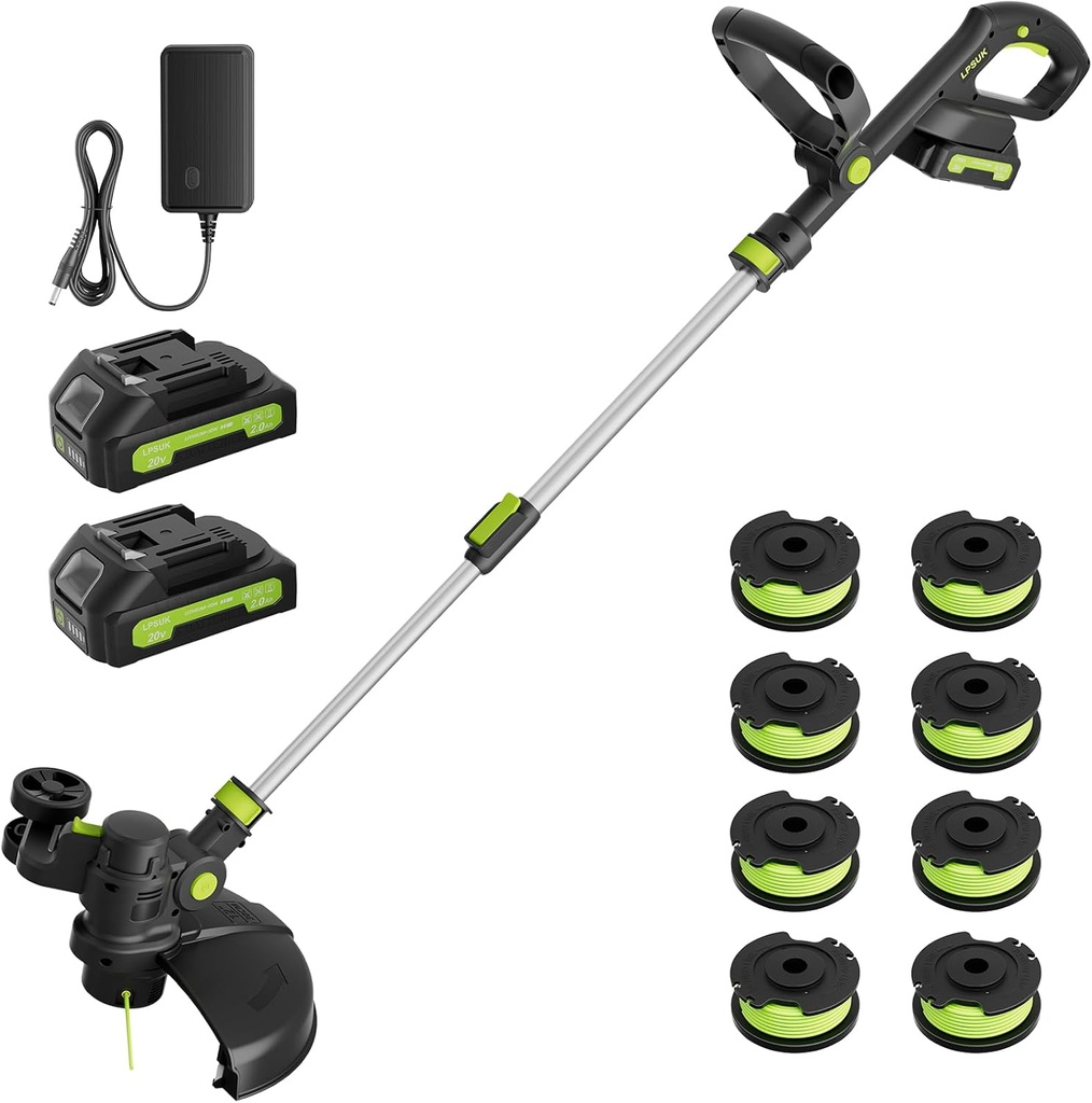 20V Cordless String Trimmer, Two 2.0Ah Battery Powered with Fast Charger, 12'' Grass Cutter with Auto Line Feed, 2-in-1 Electric Lawn Mower Grass Trimmer&Edger Lawn Tool with 8 Lines for Yard, Garden