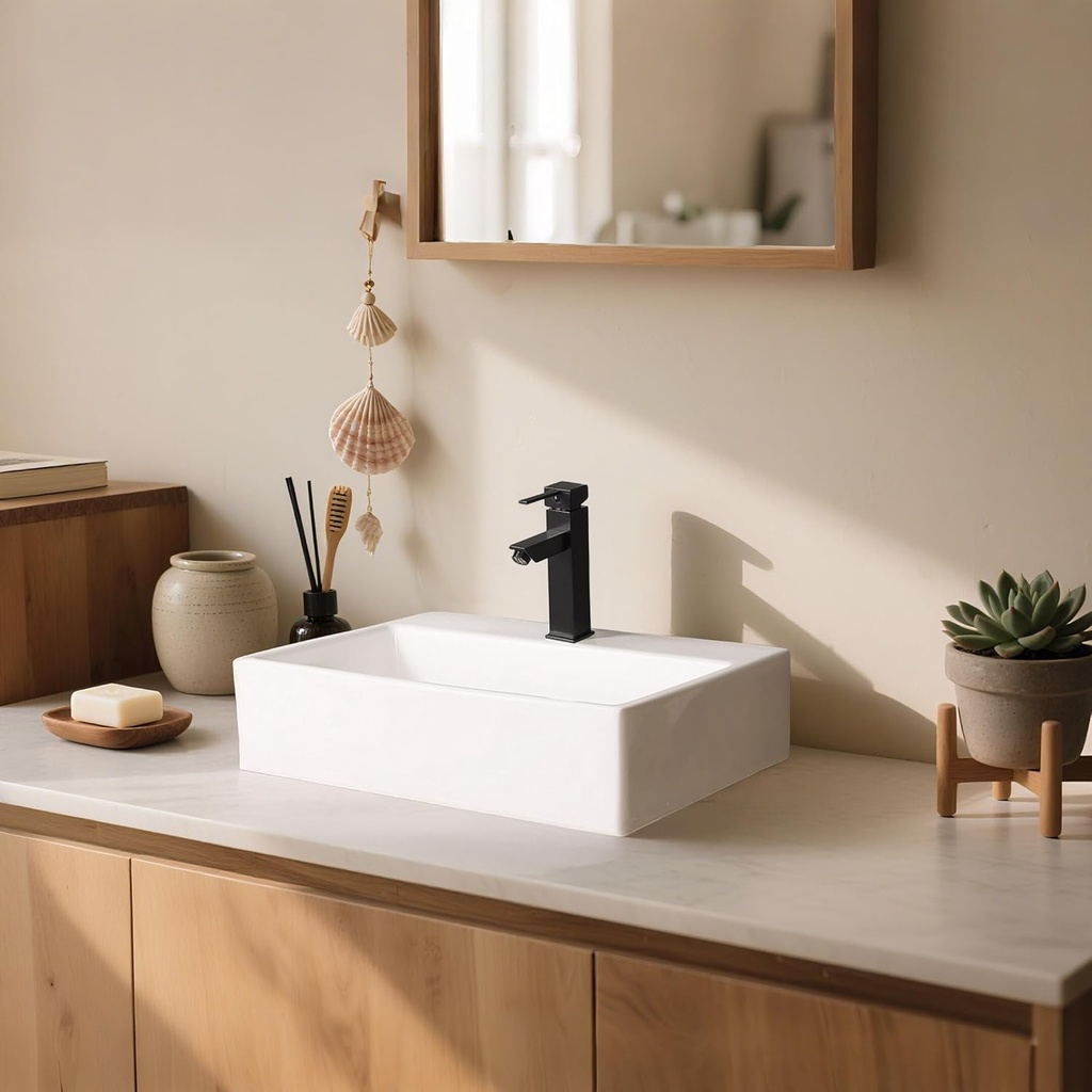 Aquaterior Porcelain Bathroom Vessel Sink 18"x12" with 8" ORB Single Handle Faucet Pop-up Drain Set Rectangle Above Counter Vanity Basin Arts & Crafts