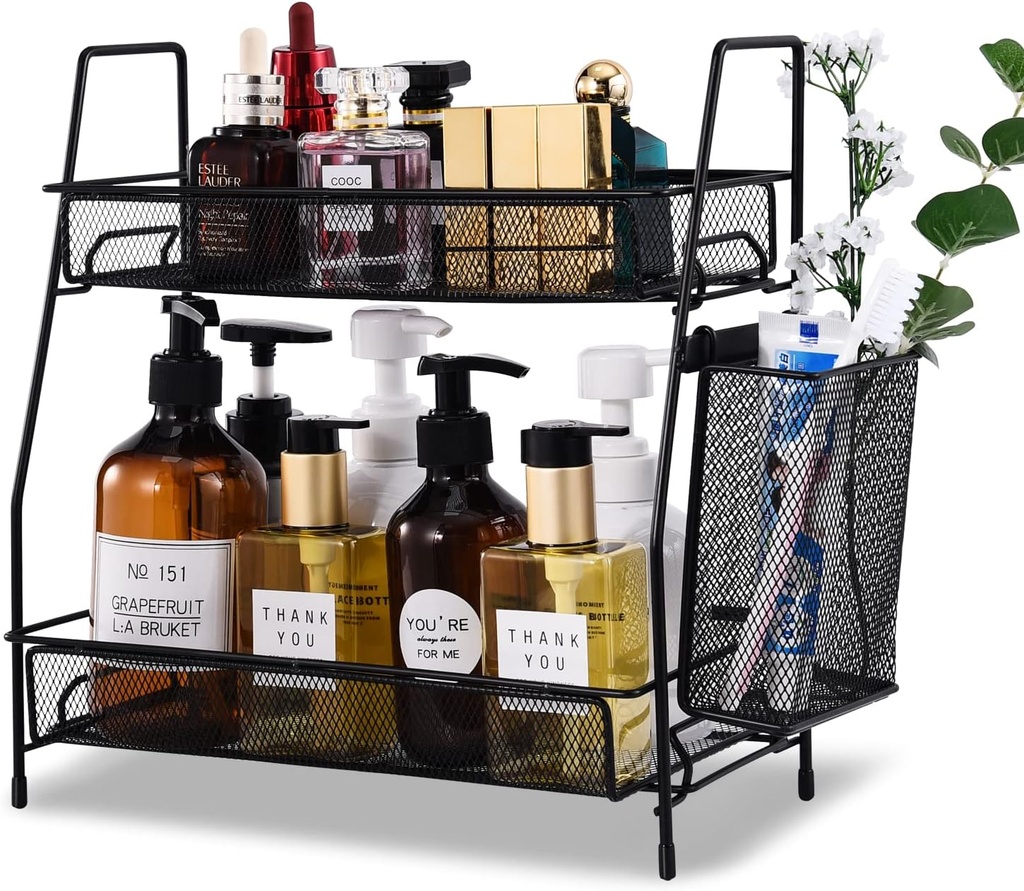 LEMIKKLE Countertop Organizer for Bathroom Counter, The Organizer for Bedroom, Spice Rack Organizer for Kitchen Counter Shelf with Small Basket(Black)