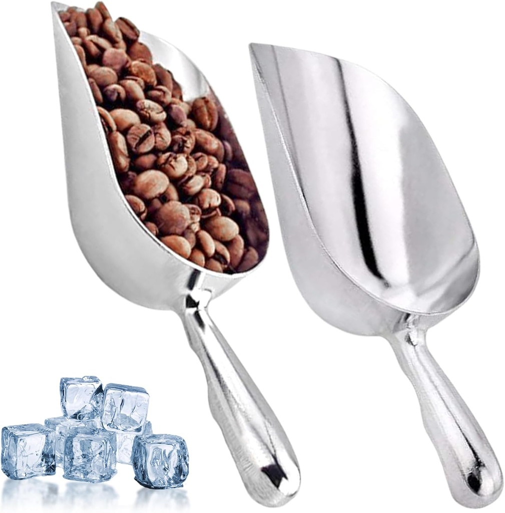 Ice Scoop for Freezer, 2Pcs Metal Scoop 12oz Smooth Silver Aluminium Alloy Multi-Purpose Scoop with Curved Handle for Ice, Flour, Ice Scoop