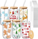 Dandat 8 Pack Christmas Glass Cups 16 oz Blank Snowflakes Iced Coffee Beer Can with Lids and Straws Tumbler Mason Jar Cups Mug Drinking Borosilicate Glass with 12 Pcs Sublimation Picture for DIY