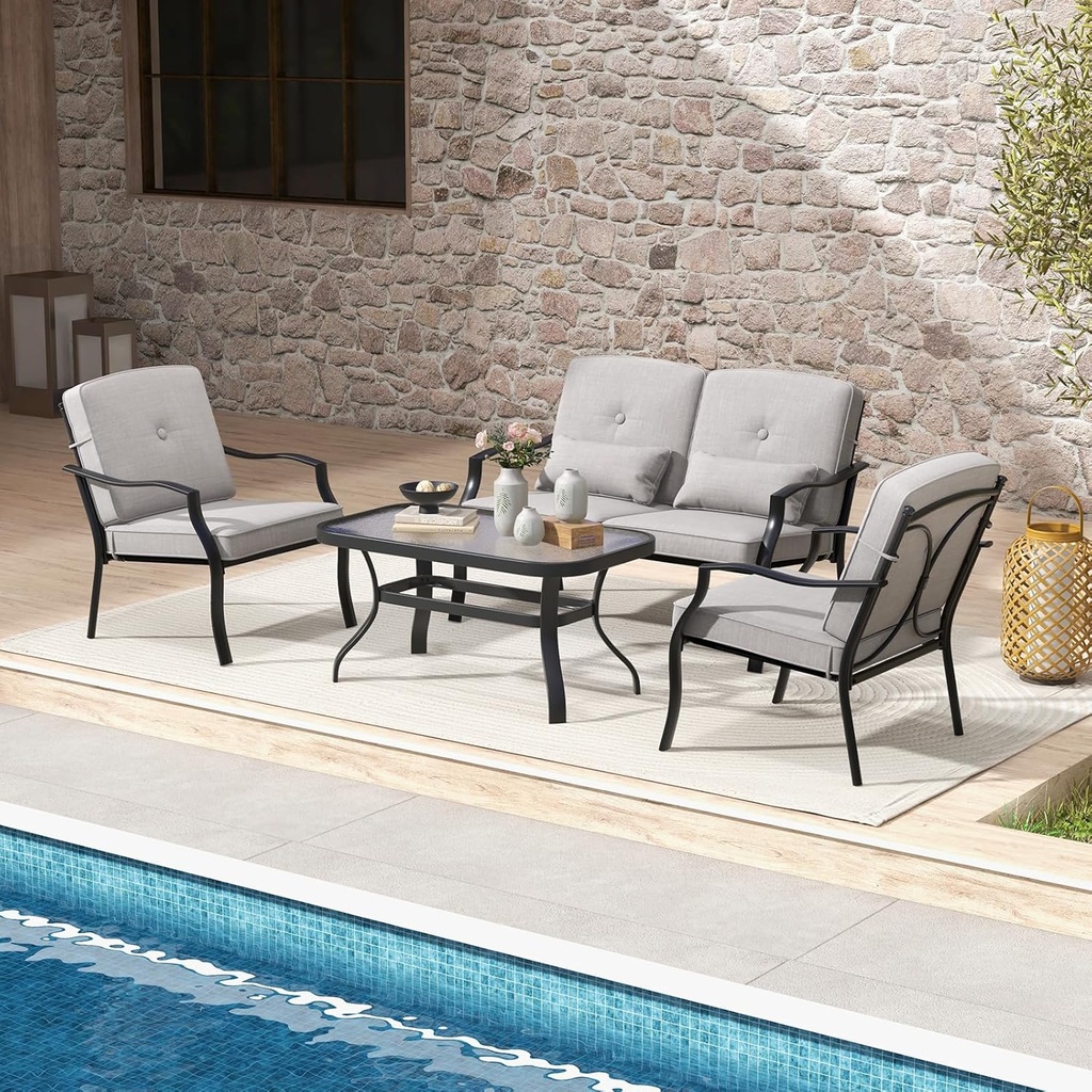 Tangkula 4 Piece Patio Furniture Set, Heavy Duty Outdoor Conversation Set with Soft Padded Cushions & Waist Pillows, Tempered Glass Coffee Table, for Yard Garden Balcony Poolside (Gray)