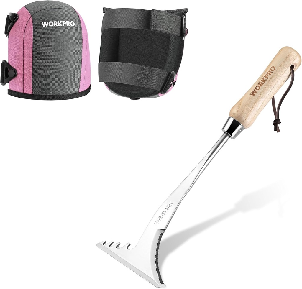 WORKPRO Garden Knee Pads for Unisex-Adult and 13.5" Stainless Steel Crevice Weeding Tool with Wooden Handle, for Garden Lawn Yard Patio Terrace Paving Garden Tool