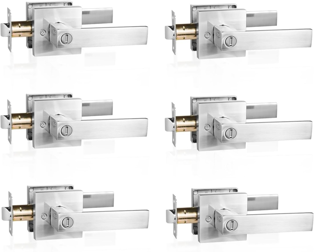6 Pack Silver Privacy Door Handle Heavy Duty Reversible Square Door Lever Keyless Interior Door Knob Lockset Door Lever for Bedroom, Bathroom, Rooms Left Right Handed Doors