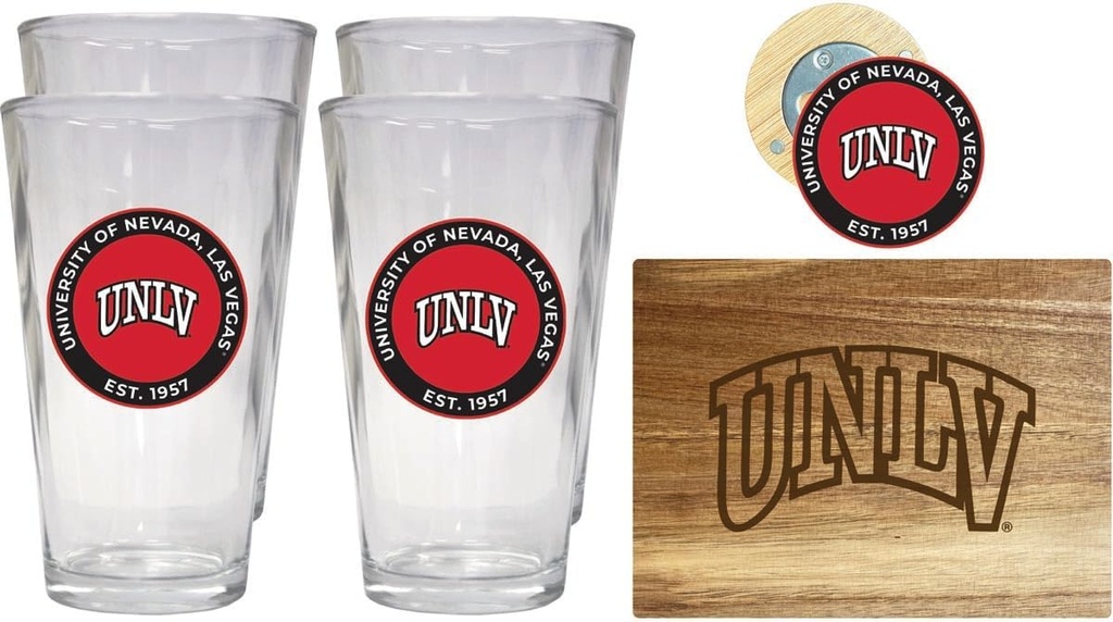 R and R Imports UNLV Rebels Officially Licensed Kitchen Pack - Wood Cutting Board, 4 Pint Glasses & Magnetic Bottle Opener