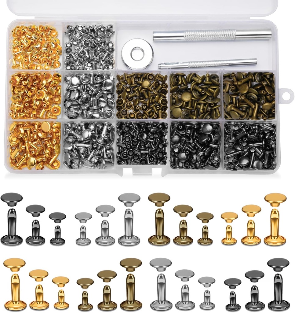 DIUDUS 240 Set Leather Rivets, 4 Colors 3 Sizes Double Cap Rivet, Rivets for Leather with 3 Pcs Setting Tools for Leathercrafting Repair Decoration DIY Project