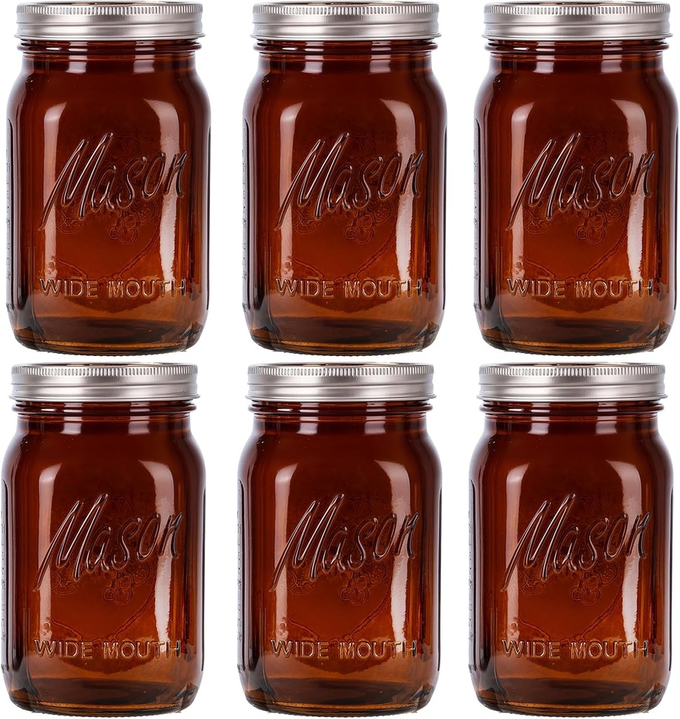 WELLIFE Amber Mason Jars, 6 Pack wide mouth mason jars for Pickling, Canning, Fermenting and Food Storage, Microwave Safe