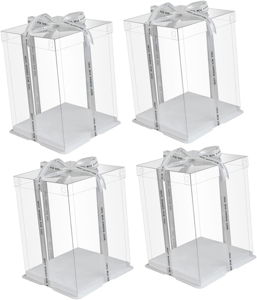 VICASKY 4 Pcs Clear Plastic Cake Boxes Transparent High Cake Carrier Reusable Dessert Storage Case Bakery Packing Container with Color Ribbon
