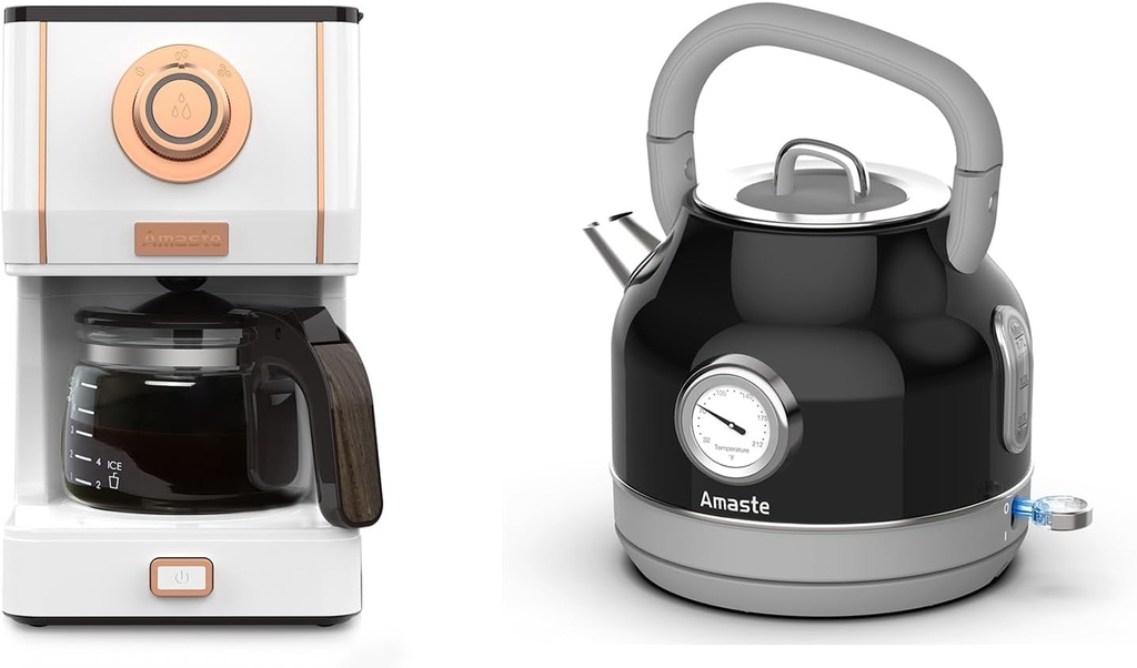 Amaste White Coffee Maker & Black Retro Electric Kettle Set