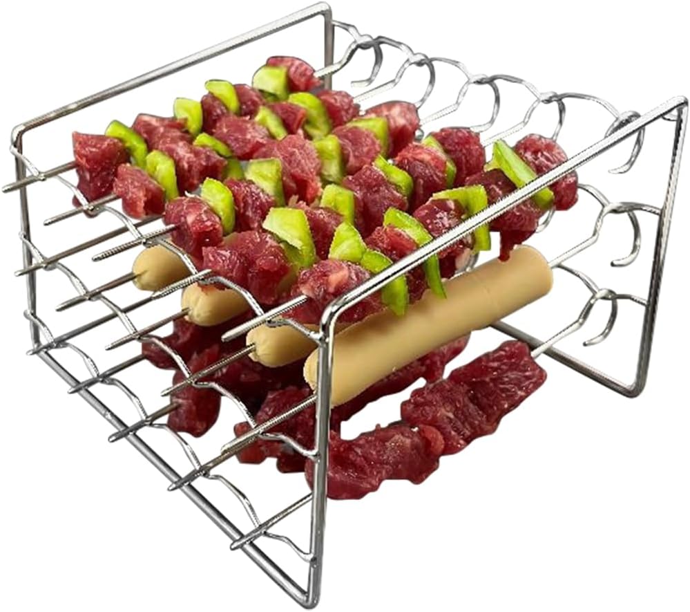 304 Stainless Steel Air Fryer Skewer Rack Grate 3 tier Rack with 15 Skewers Kabob Air Fryer Accessories for BBQ Grill Kabobs Chicken Meat Seafood
