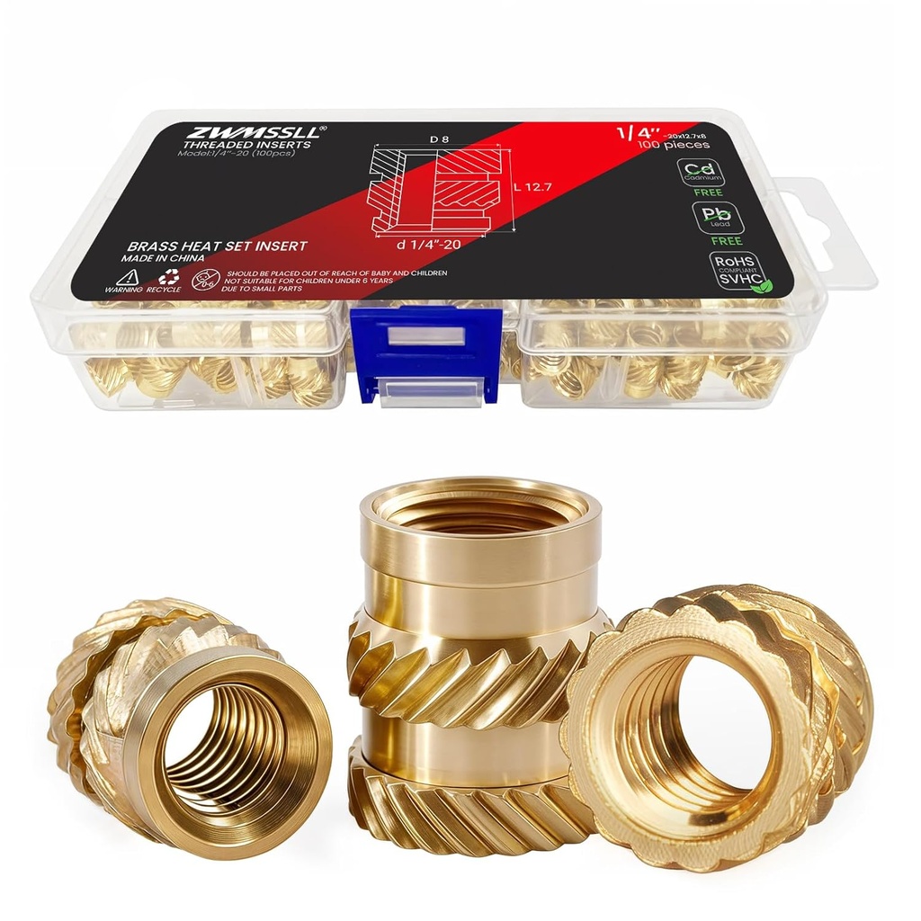 1/4-20 Heat Set Threaded Inserts,100 Pieces Heat Set Insert for 3D Printing Components and Plastic Parts,1/4 20x12.7x8 Brass Knurled Nuts kit
