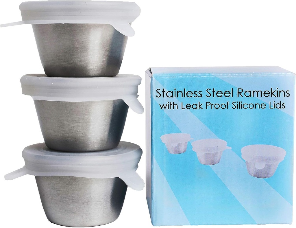 3 Pack Stainless Steel To-Go Dressing Cup and Condiment Container with Leakproof Silicone Lids.