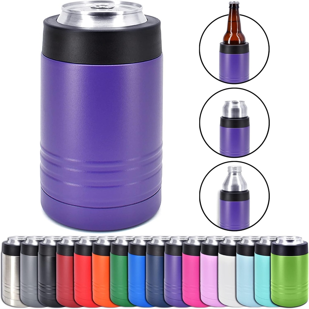 4-in-1 Stainless Steel 12 oz Double Wall Vacuum Insulated Can or Bottle Cooler Keeps Beverage Cold for Hours - Also Fits 16 oz Cans - Powder Coated Purple - Clear Water Home Goods